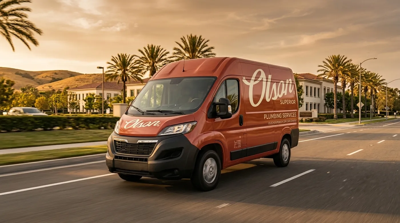 Olson Superior Plumbing service van parked in an Orange County neighborhood