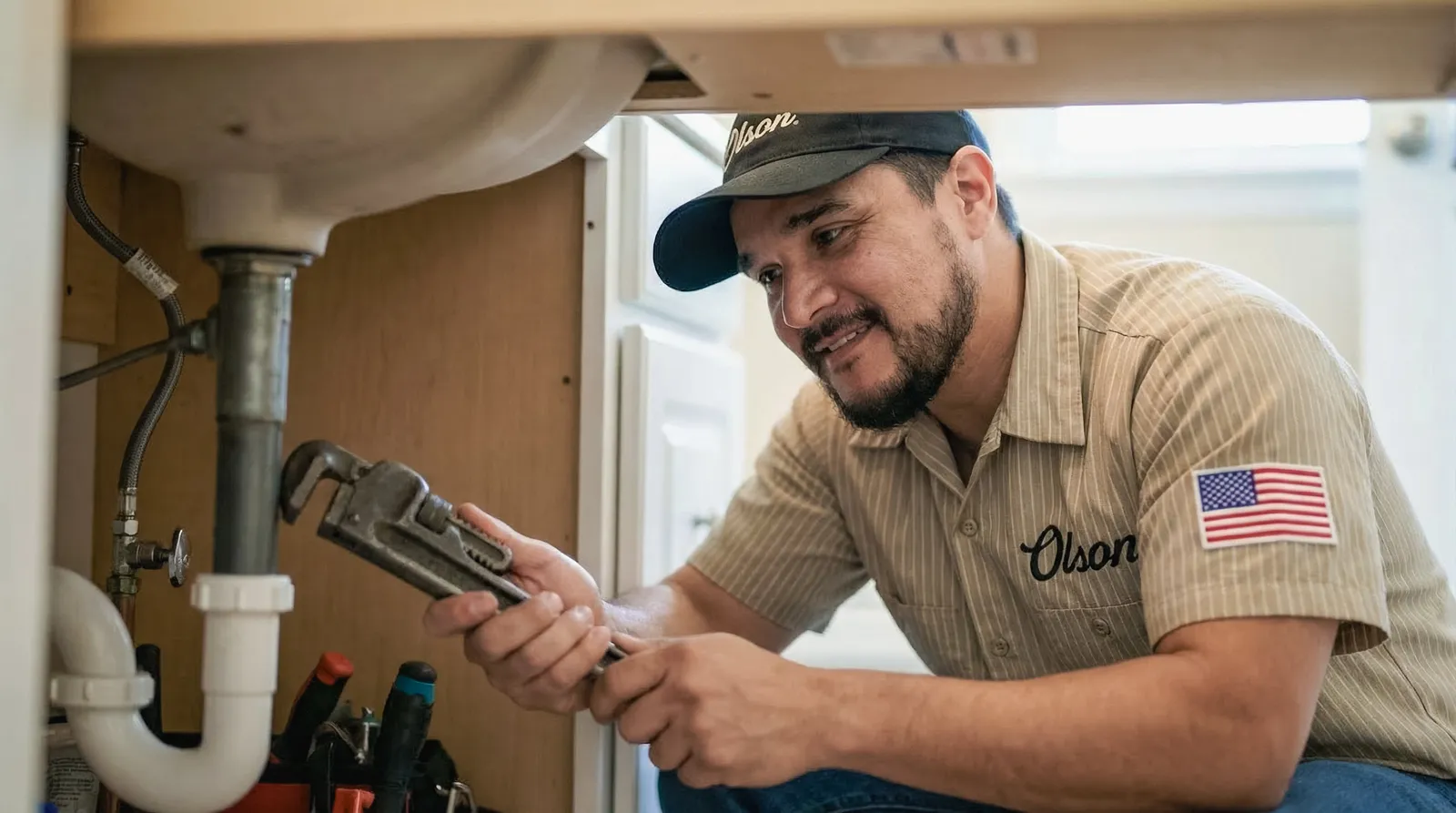 Technician carefully inspecting plumbing work for quality